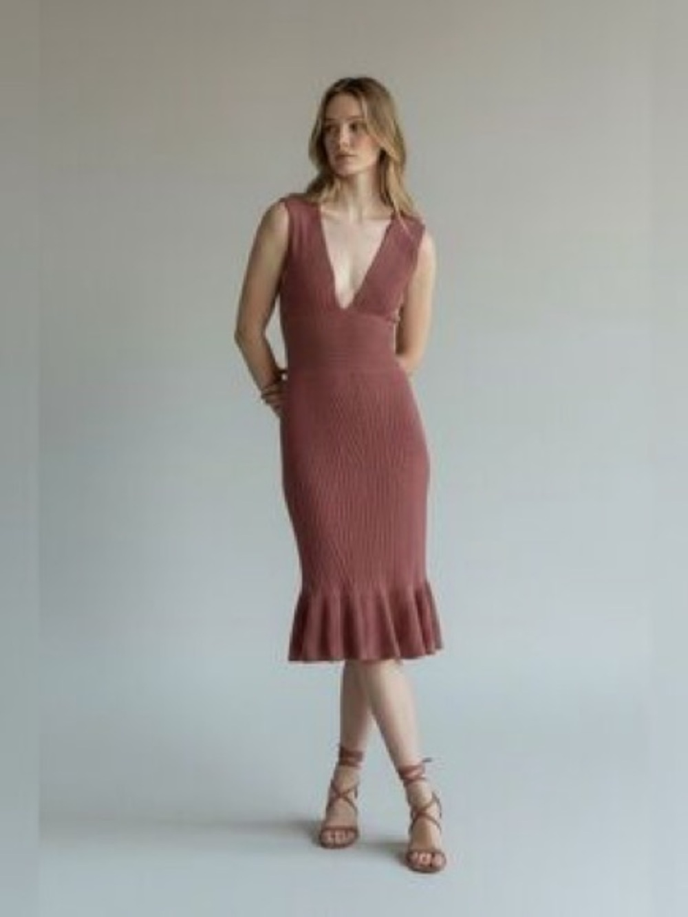 Ronny Kobo Collection Ribbed V-Neck Midi Dress in Rose